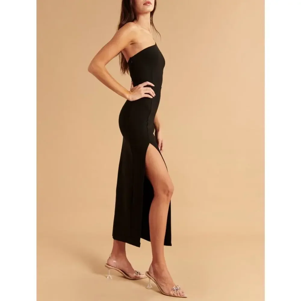 Abercrombie and Fitch Asymmetrical One Shoulder Maxi Dress with Slit in Black